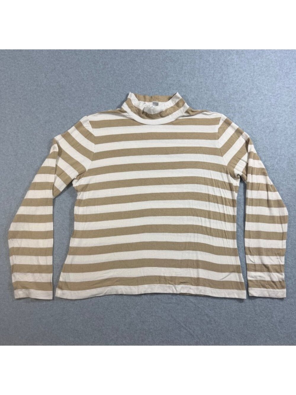 Talbots Petites Women’s Large Beige White Striped Mock Neck Top Stretch Knit